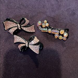 Glitter Bow and Gem Hair Clips - 2 Pink/rose gold and 1 Black.